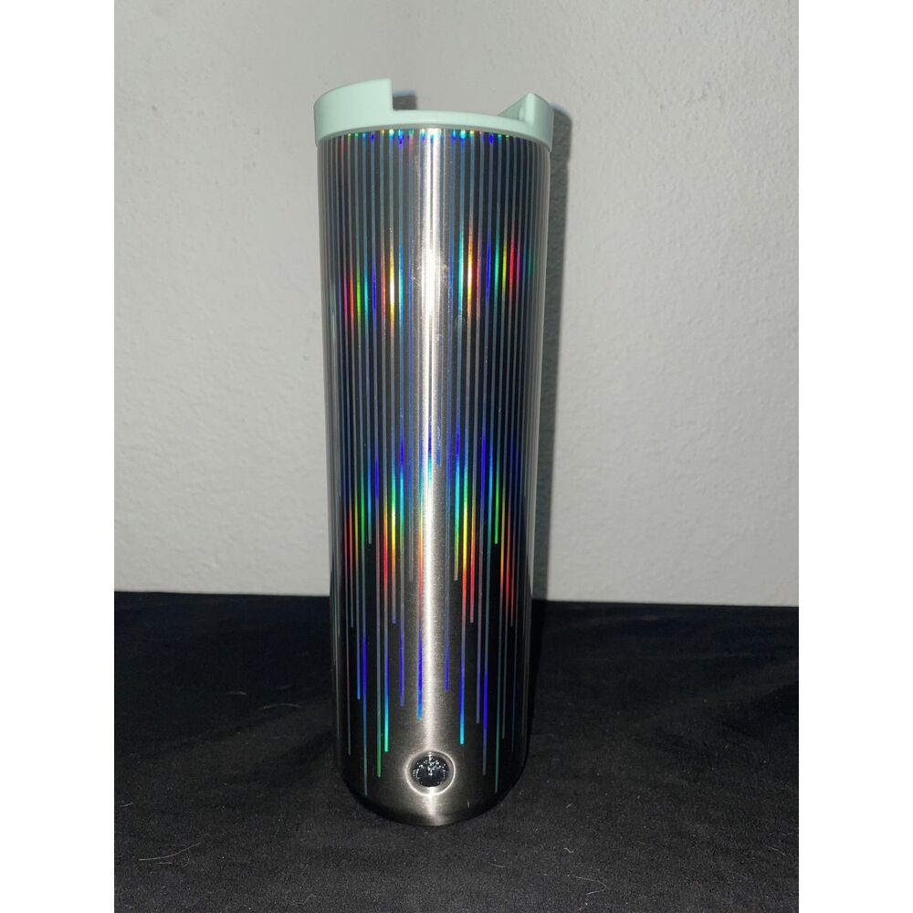 Starbucks Stainless Steel Holographic Rainbow Stripe Travel Tumbler Mint Lid